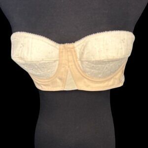 Vintage Mimi De France 34A Strapless Beige Bullet Bra Embroidered Cups  NWT